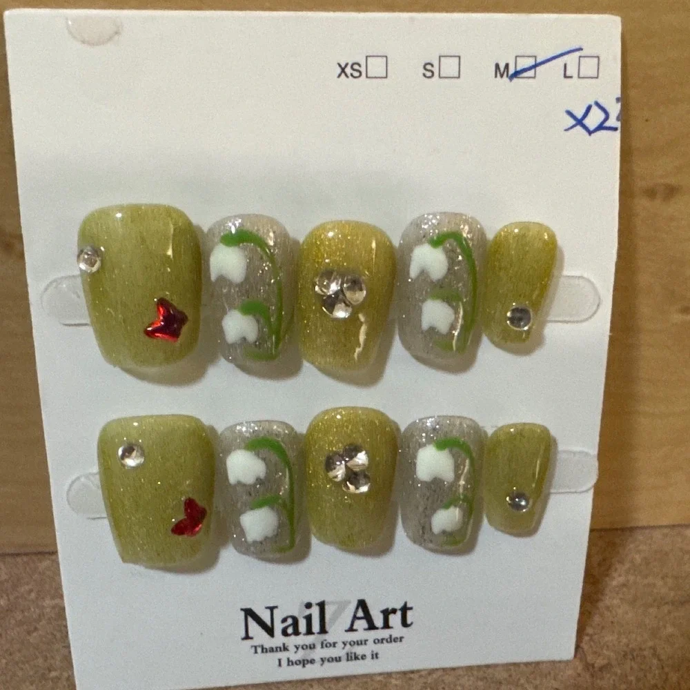 Lily of the Valley Press On Nails Olive Green Silver Glitter Rhinestone‎ Medium